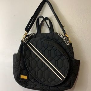 Cinda b black quilted tennis bag gold hardware